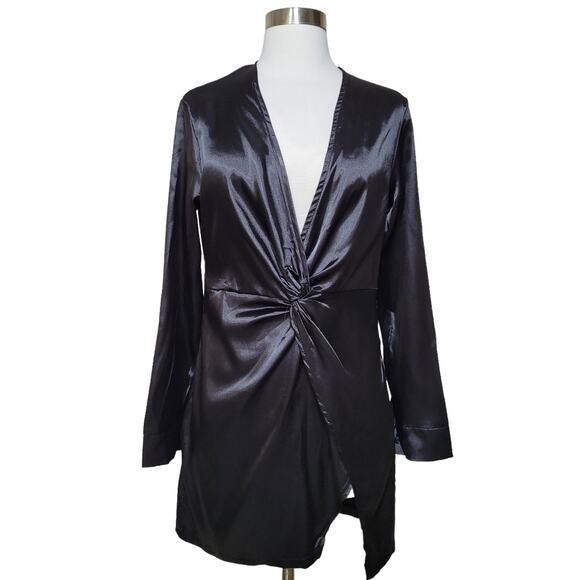 Satin Black Faux Wrap Front Plunge Mini Dress V Neck Twist Size Medium - Picture 2 of 8